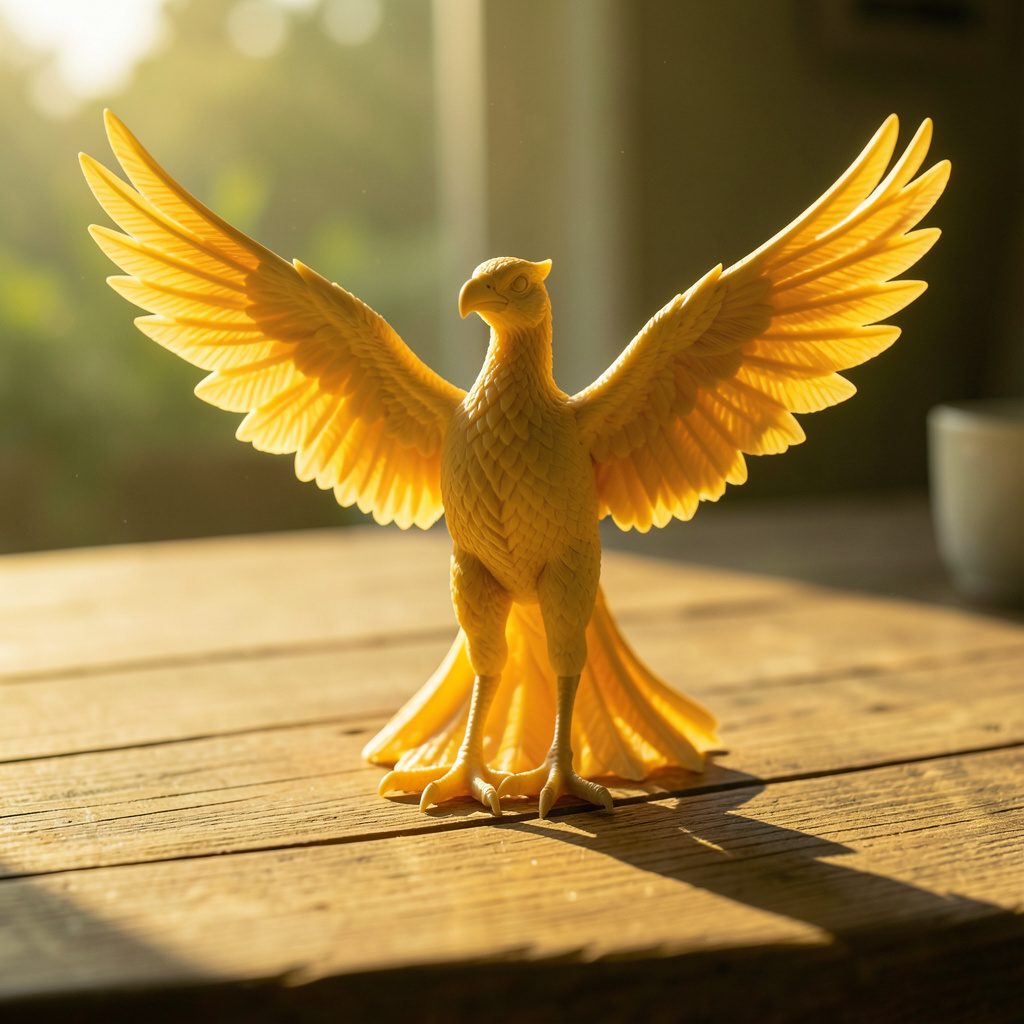 Warm golden-hour photograph of a detailed 3D-printed phoenix figurine with wings spread, casting gentle shadows on a wooden tabletop.