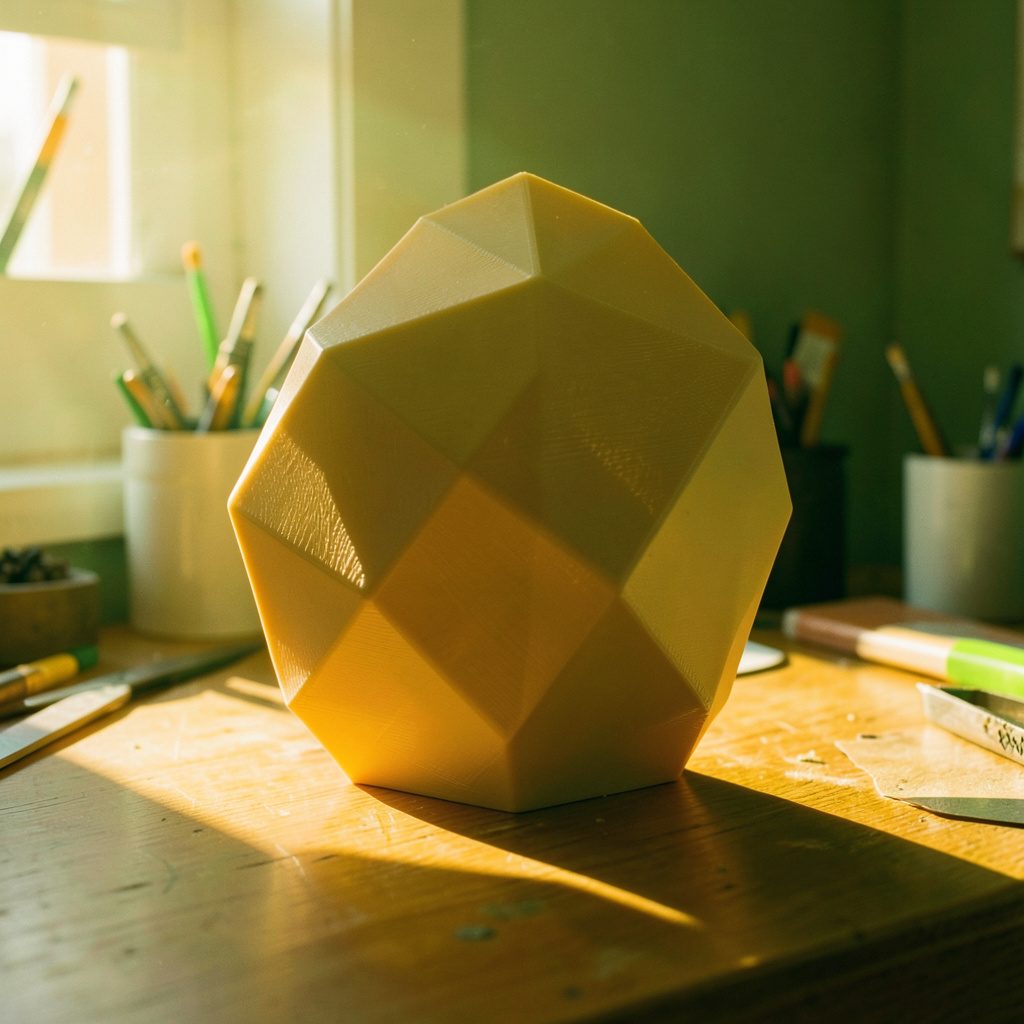 Warm golden-hour photograph of an abstract 3D-printed geometric sculpture with faceted surfaces catching the light, placed on a desk.