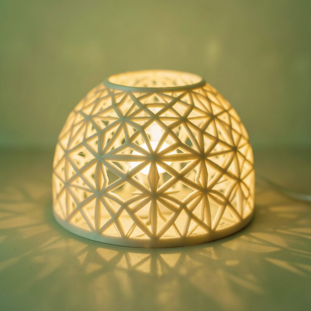 Warm golden-hour photograph of a 3D-printed lampshade with soft diffused light glowing through its intricate geometric pattern, set on a neutral surface.