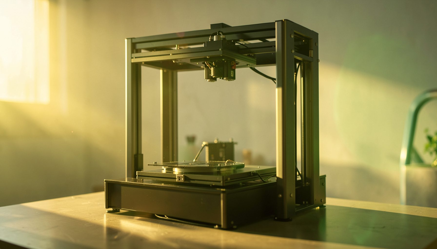 Large-format 3D printer with a sturdy gantry frame, softly lit by warm afternoon sun