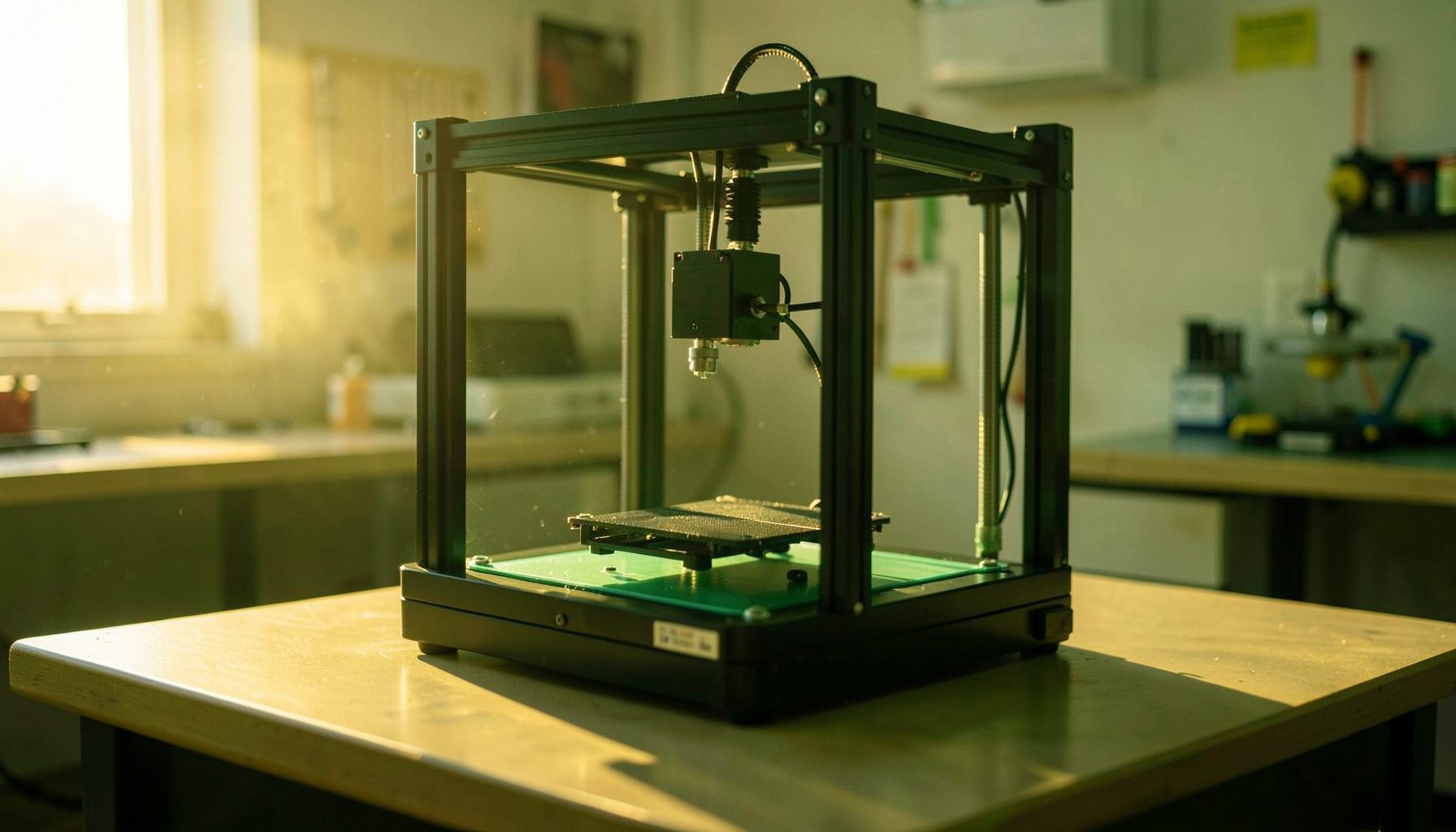 Compact desktop 3D printer with an open-frame design in a clean workshop setting, warm golden-hour light