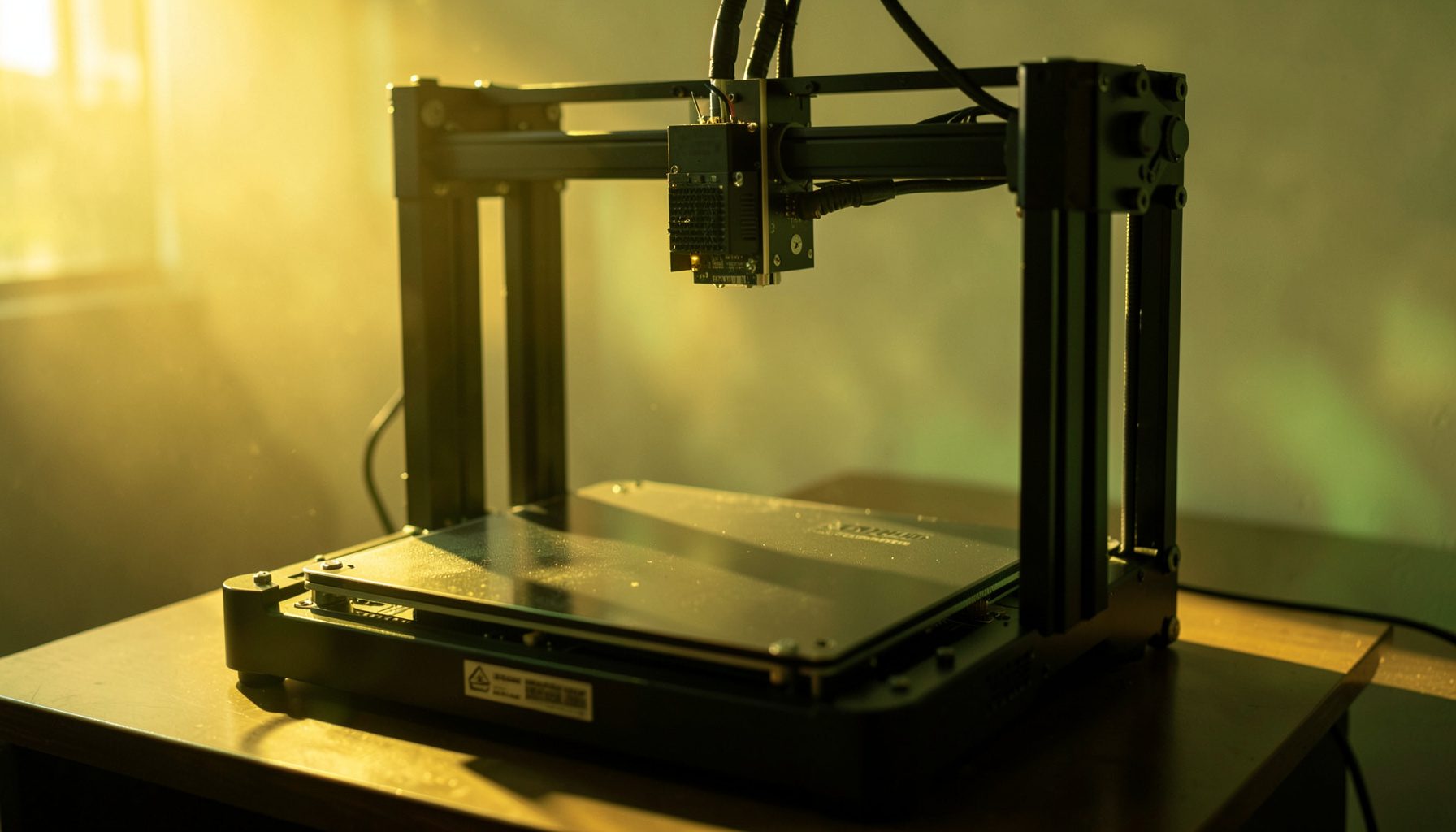 Upgraded desktop 3D printer with a refined frame, golden-hour glow across the build plate