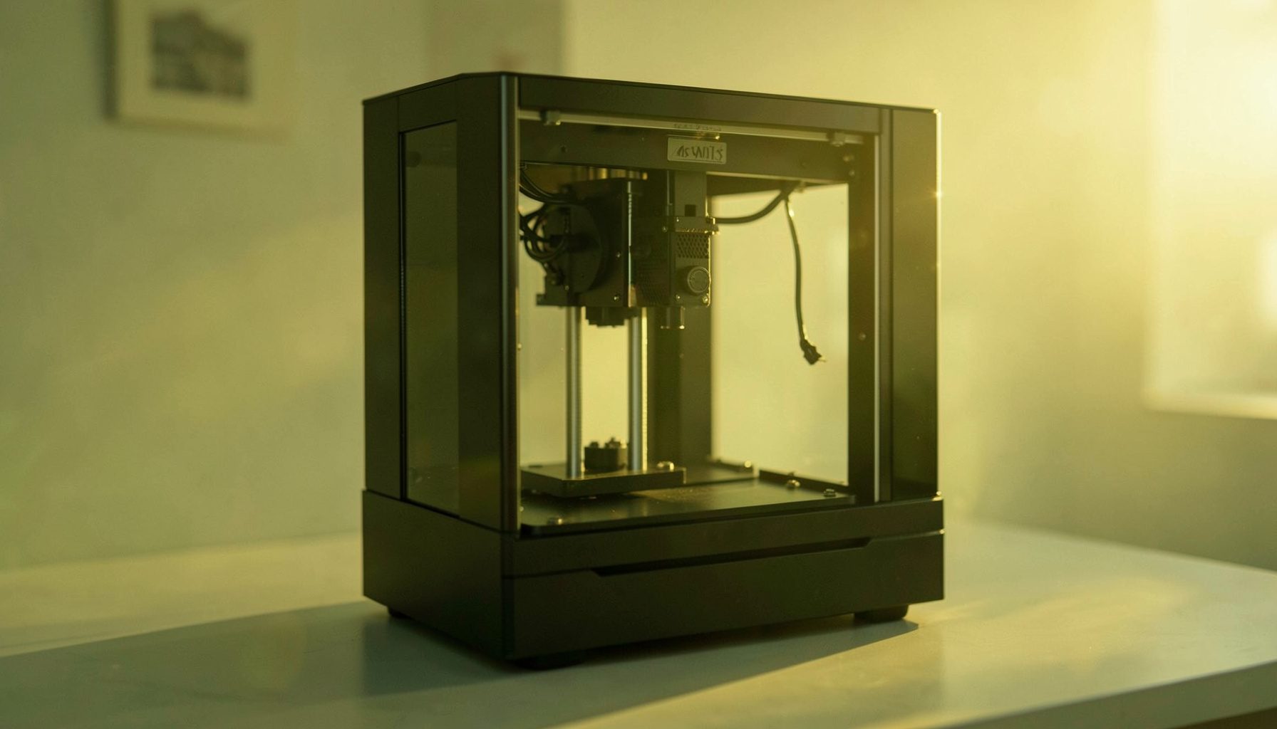Enclosed commercial-grade 3D printer with a sleek dark housing, warm ambient lighting